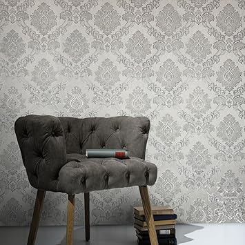 Amazon バロック壁紙テクスチャードモダンダマスクホワイトグレーシルバーゴールドメタリックロール 3d サンプル 1個 壁紙