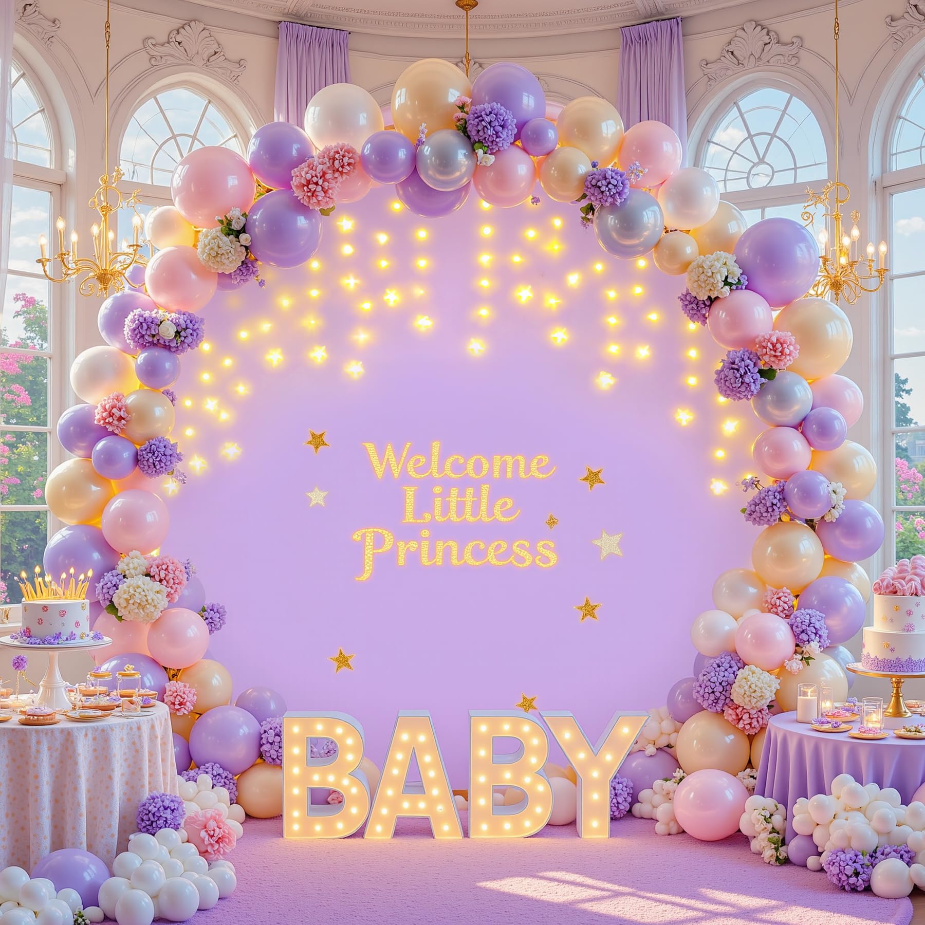 Photo 1 of 7.2 FT Purple Round Backdrop Cover with Lights String for Circle Arch Stand Circle Backdrop Covers with LED Fairy Lights for Wedding Arch Baby Shower Birthday Party Photo Photography Background
