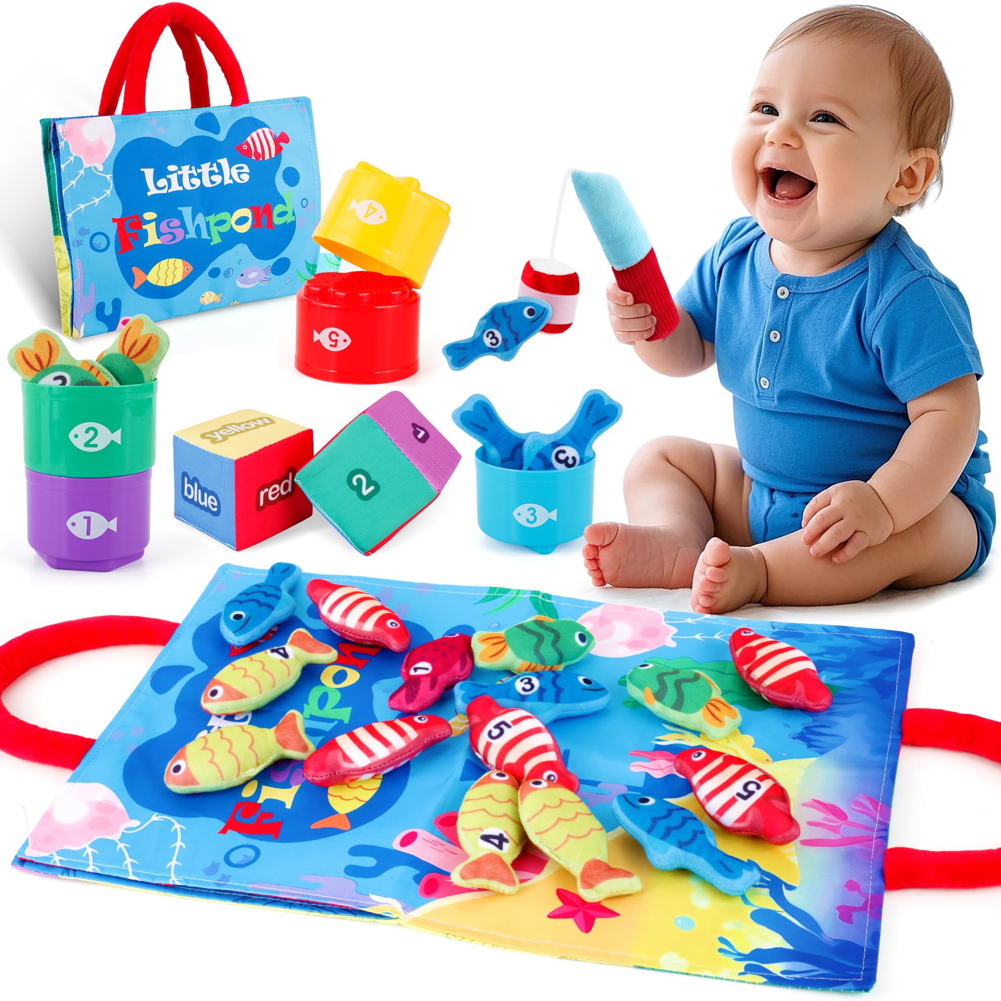 twoonto Montessori Toys for 1 Year Old, Montessori Fishing Game 24 Pcs Fabric Sensory Toys for Baby, Stacking Color Sorting Toy Motor Skills for Boys Girls Birthday Baby Shower Xmas Gift