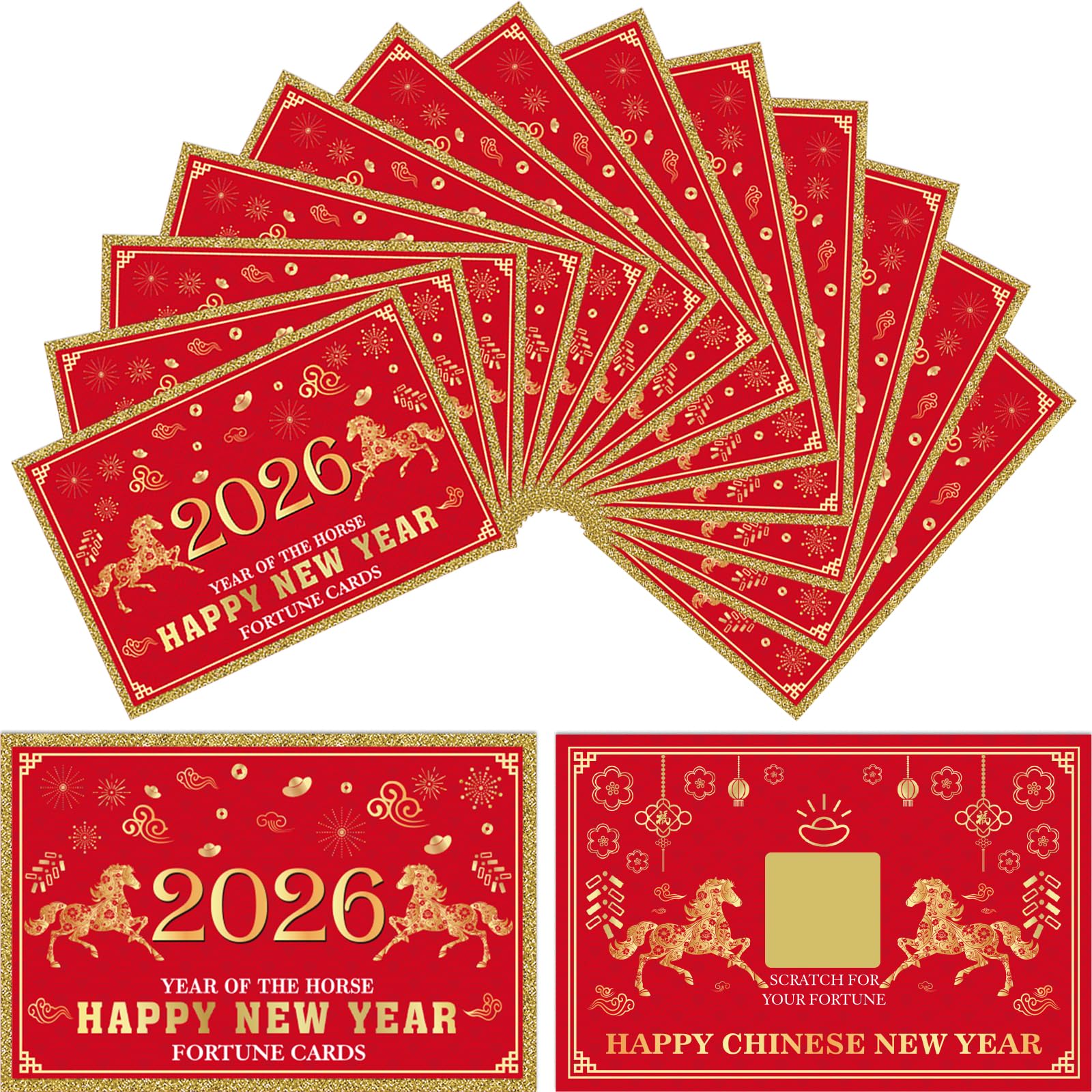 MIAHART 30Pcs 2026 Chinese New Year Fortune Cards for Year of The Horse 2026 New Year Scratch Off Lucky Card Greeting Cards for Spring Festival Lunar NY Party Decorations