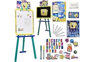 Spongebob Standing Art Easel for Kids, Toddler Drawing Dry Erase Magnetic Whiteboard, Chalkboard, Accessories and Number 1 in Service Tissue Pack (47 Pieces)