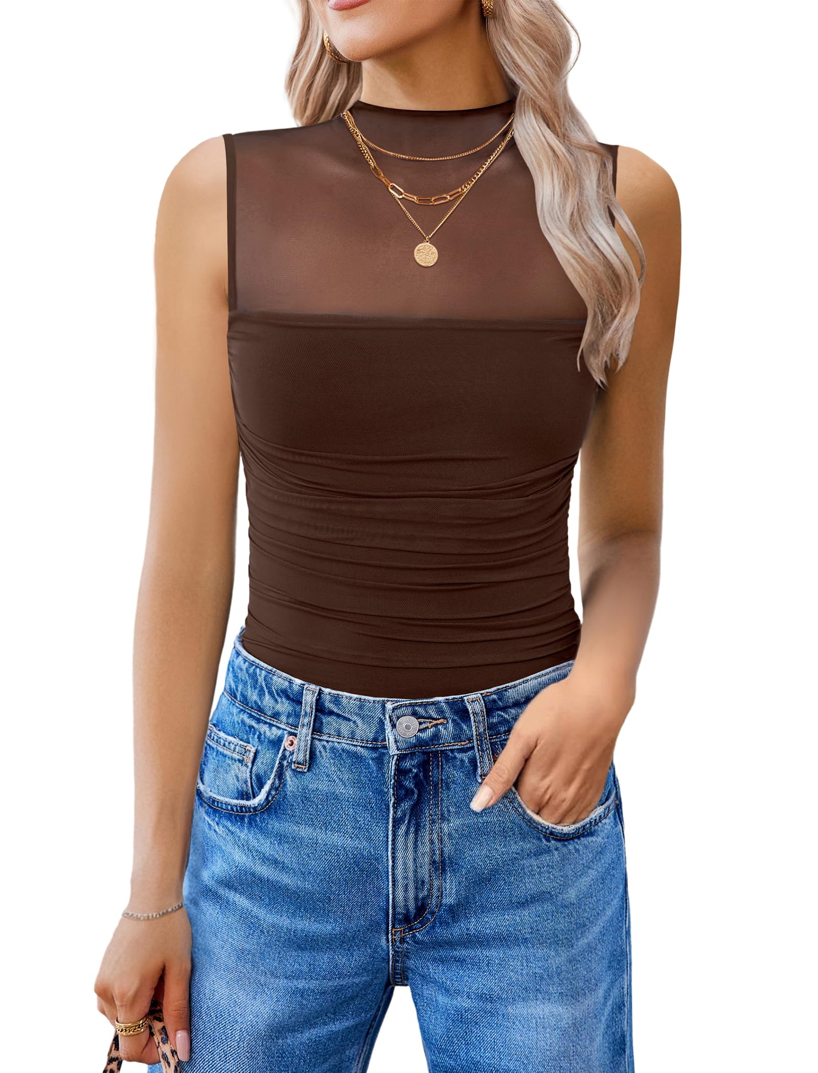 Photo 1 of Avidlove Tank Top Bodysuit for Women Mock Neck Mesh Body Suits Sheer Ruched One Piece Going Out Tops Concert Outfits