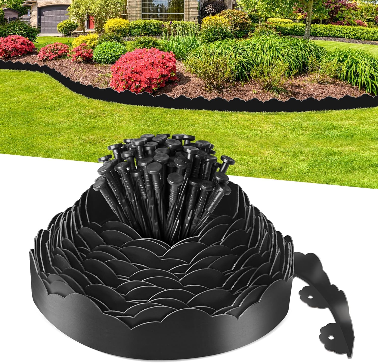 Photo 1 of Landscape Edging Border 4 in Tall 49FT No Dig Garden Edging Borders with 75pcs Spikes Plastic Lawn Edging for Yard, Pathway and Flower Beds Fence, Black