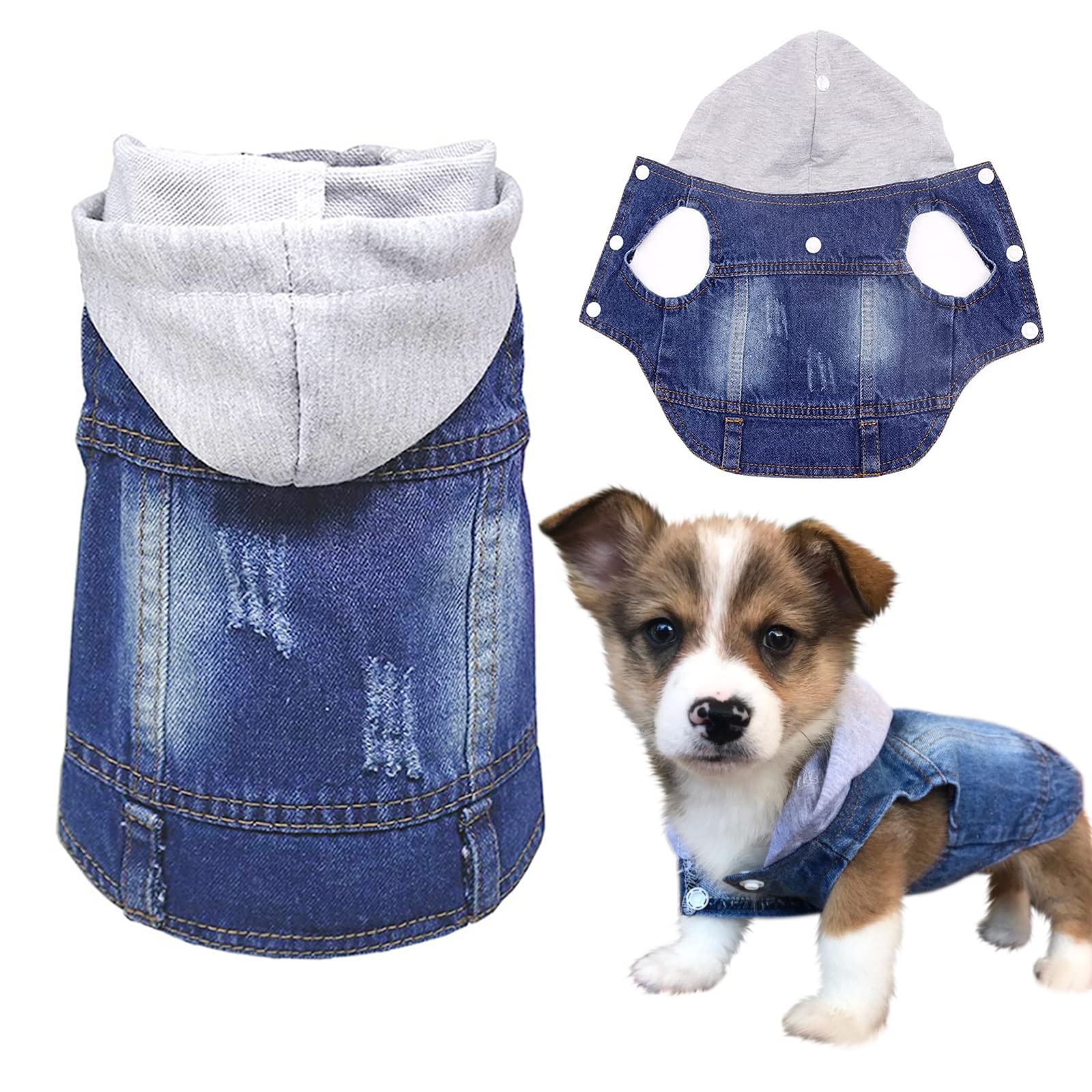 SILD Pet Clothes Dog Jeans Jacket Cool Blue Denim Coat For Small Medium Dogs Lapel Vests Classic Hoodies Puppy Blue Vintage Washed Clothes Grey Hat (M) โ image 1