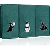 FuWeave 3 Pcs Cat Hand Towels for Bathroom Decor Funny Embroidered Black Cat Halloween Decorative Dark Green Bath Dish Towels for Bathroom Kitchen Decor, 100% Cotton, 13.3 x 29.5''