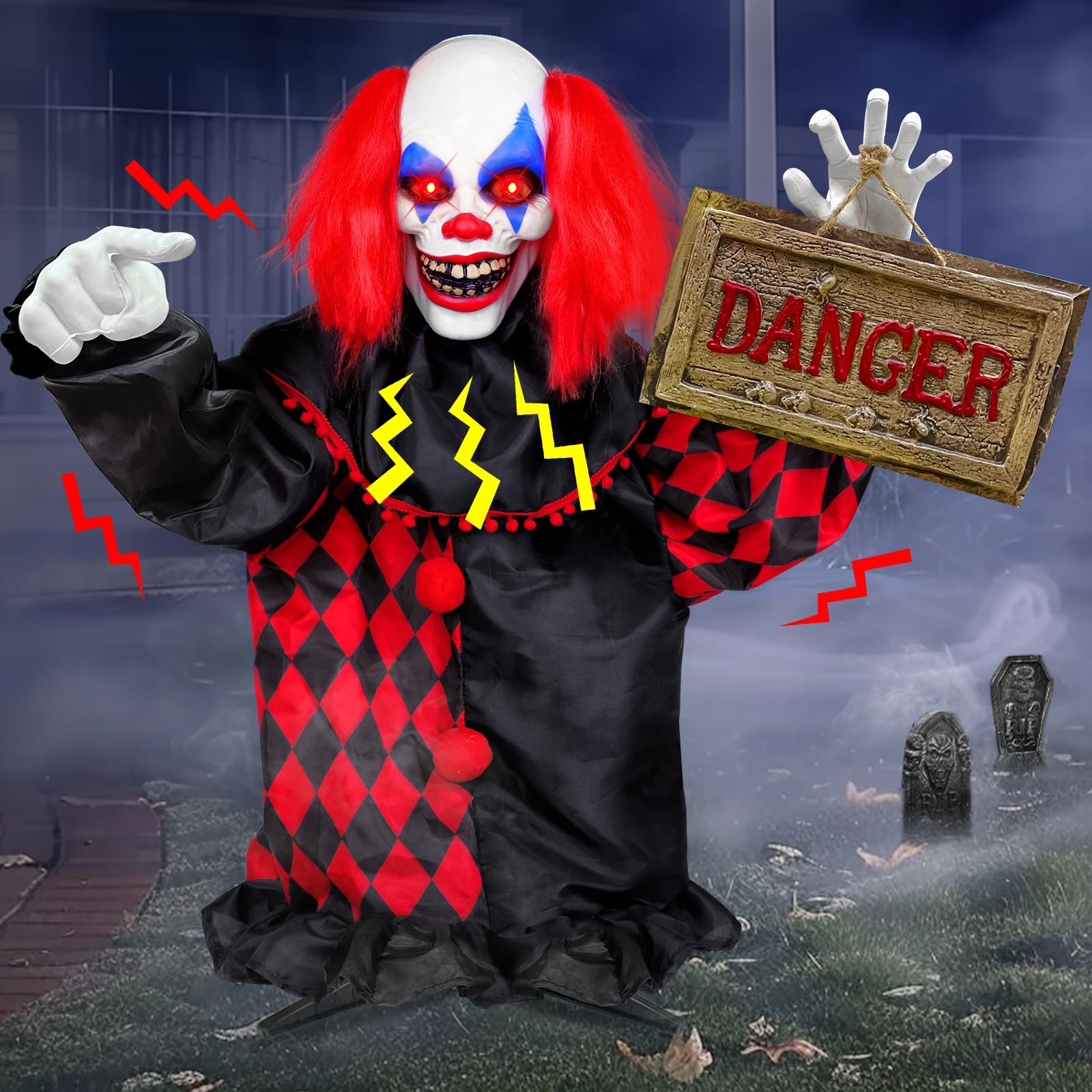 Photo 1 of [ Talking & Sound Activated ] 40 Inch Halloween Decorations Outdoor Animatronic Standing Scary Clown, Light Up Red Eyes & Shake Body, Creepy Sound Props for Halloween Haunted House Porch Yard Decor