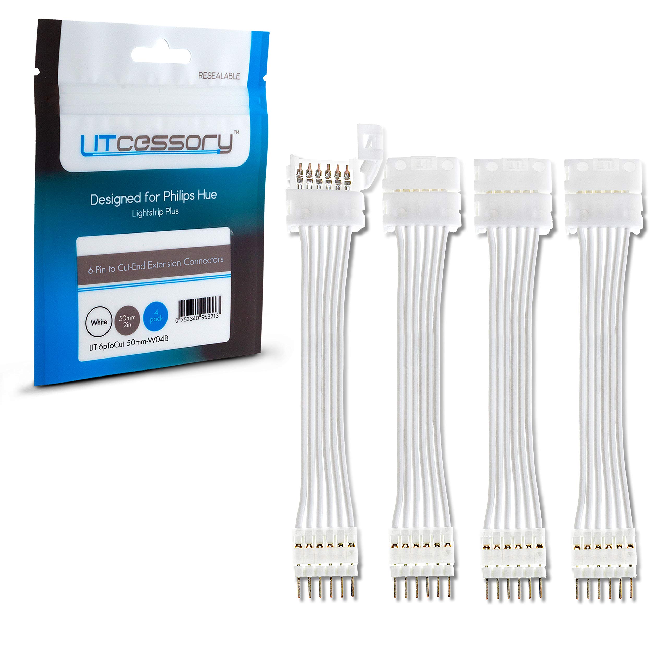 Litcessory 6-Pin to Cut-End Extension Connector for Philips Hue Lightstrip Plus (50mm, 4 Pack, White - Standard 6-PIN V3) — image 1