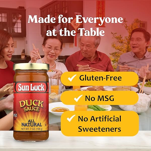 SUN LUCK ALL-NATURAL DUCK SAUCE 7 OZ BOTTLE – SWEET & TANGY CHINESE-STYLE DIPPING SAUCE FOR EGG ROLLS, WONTONS & APPETIZERS; GREAT GLAZE FOR CHICKEN & PORK.