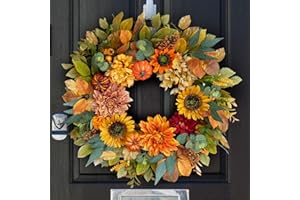 SOOMEIR Fall Wreaths for Front Door 24 Inch Autumn Wreath with Sunflowers, Pumpkins Dahlia & Maple Leaves Outdoor Fall Wreath for Thanksgiving, Harvest, Halloween Home Décor
