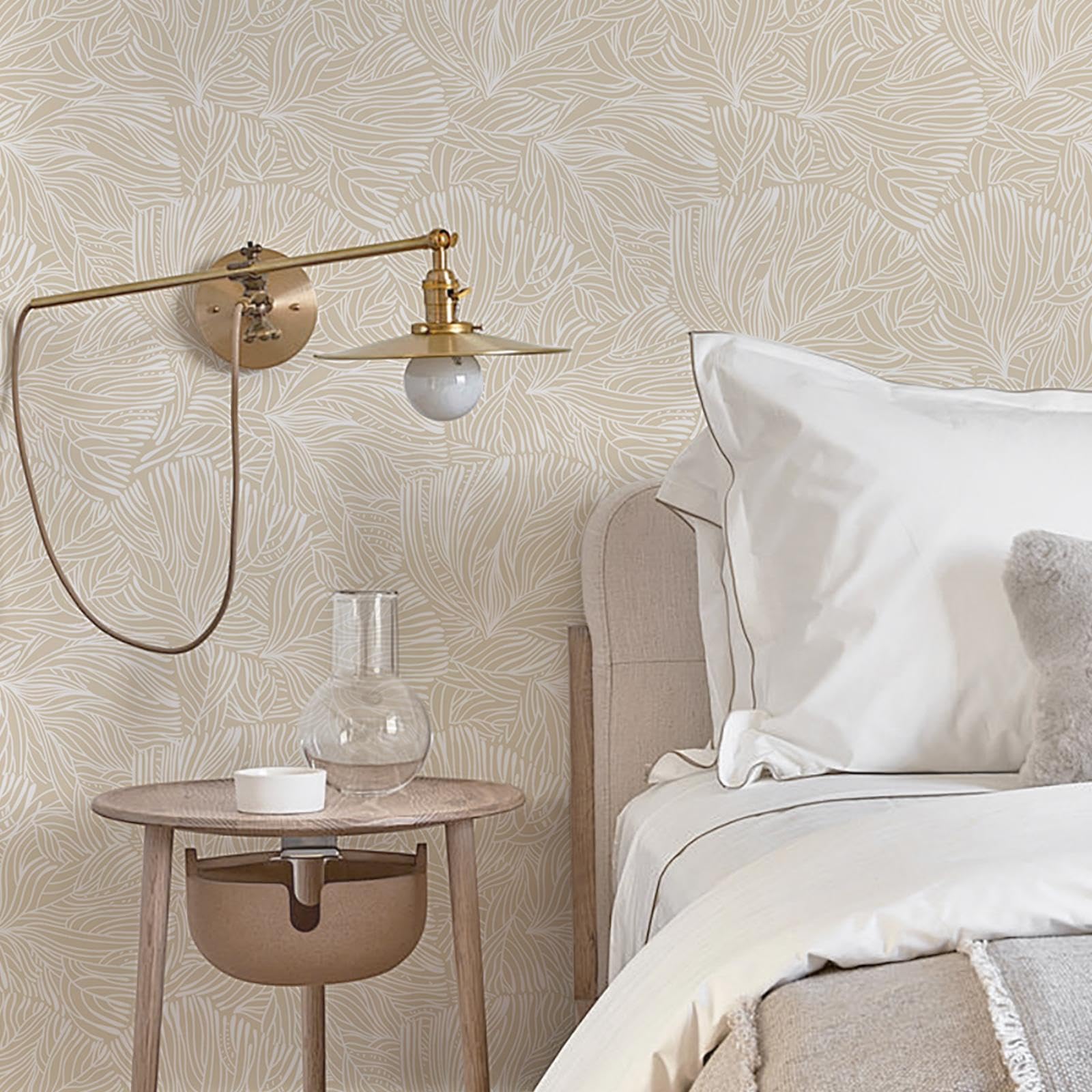 Photo 1 of Heroad Boho Peel and Stick Wallpaper Neutral Floral Contact Paper Beige Yellow Modern Removable Self-Adhesive Wallpaper for Bedroom Living Room Cabinets Decoration Thicken Vinyl Roll 17.3''x78.7''