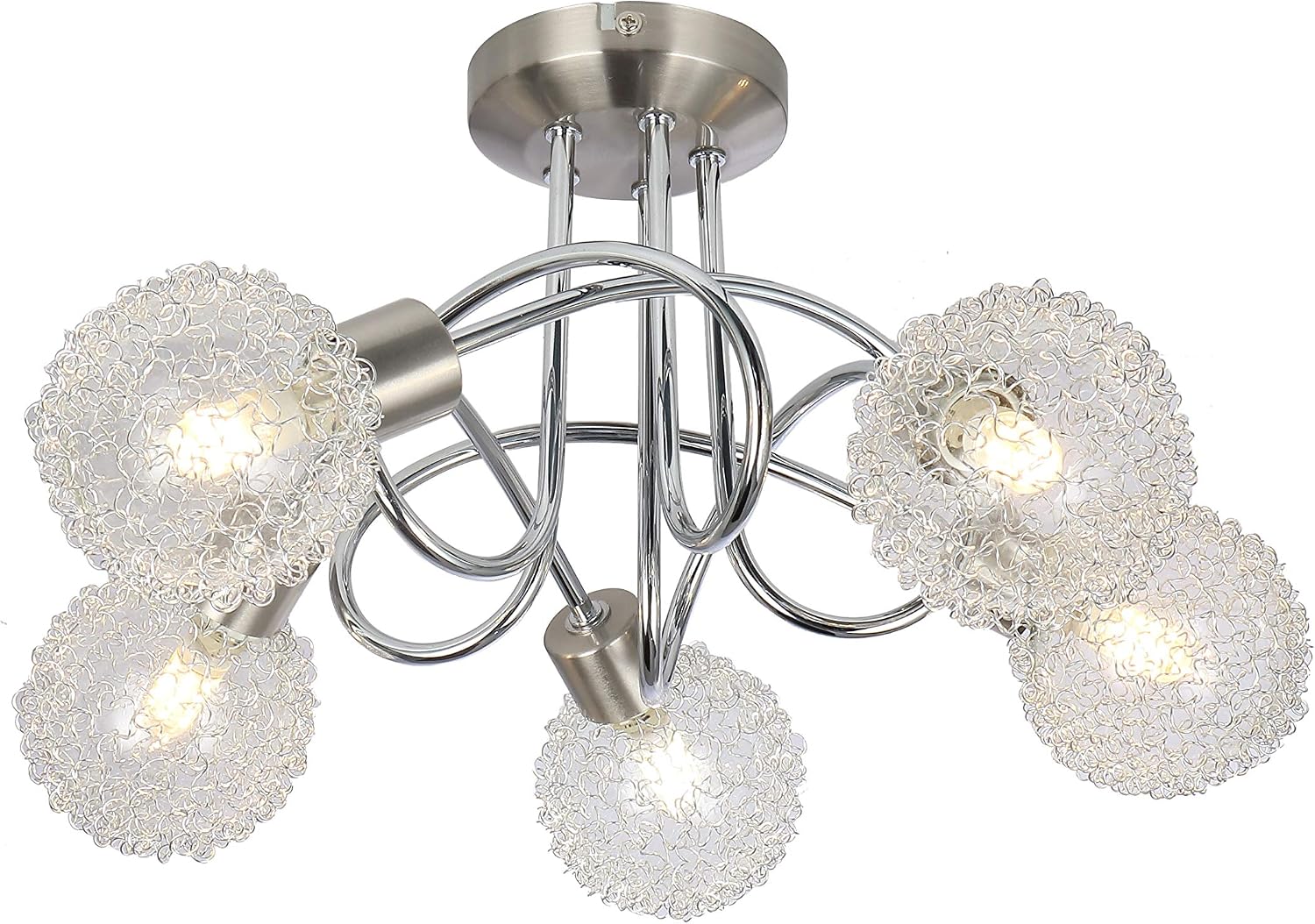 Modern 3 or 5 Way Flush Kitchen Bedroom Mesh Wire Design Ball Shape Round Ceiling Lights in Chrome and Satin Colour Finish (5 Way)
