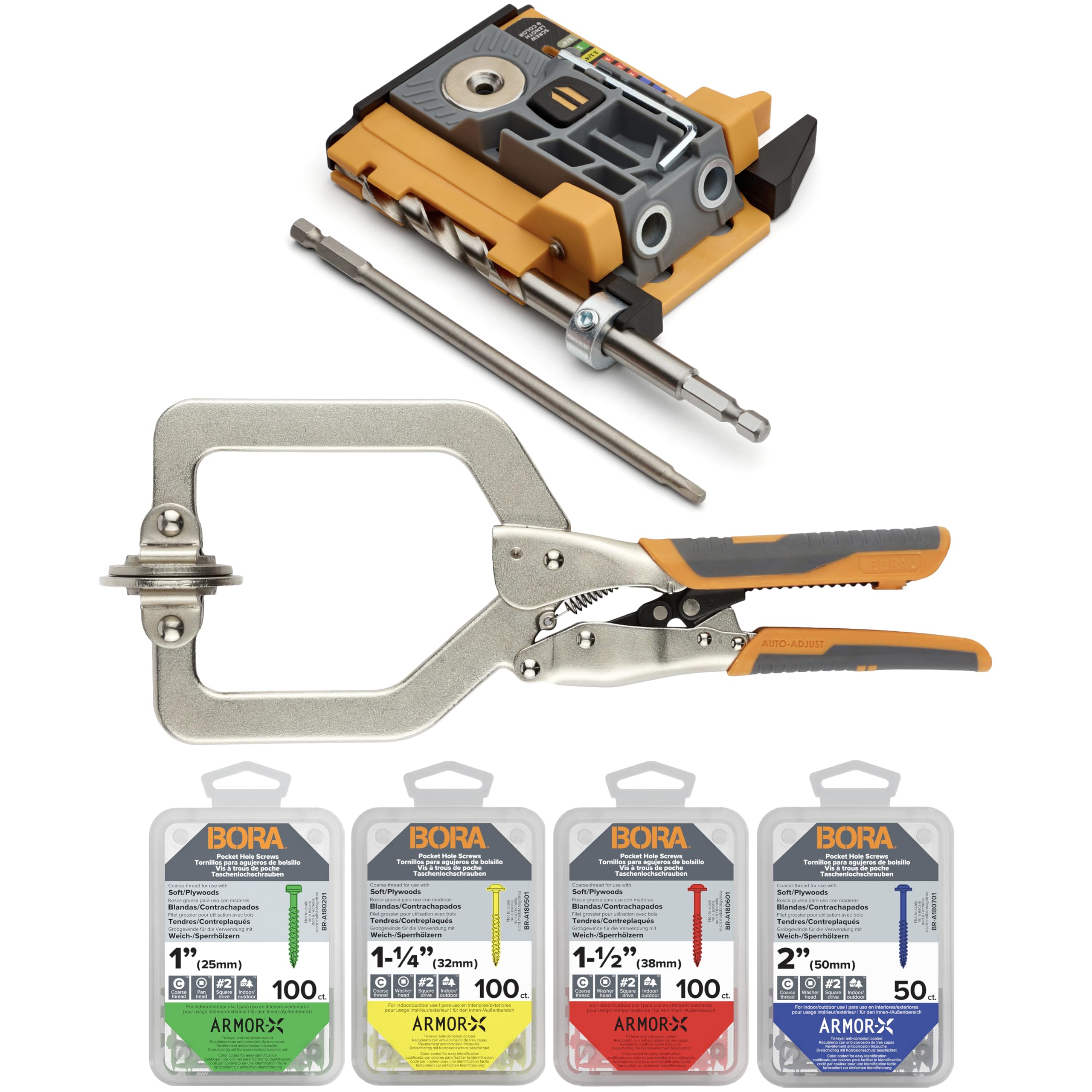 BORA Automatic Mini Pocket Hole Jig Kit with 3 Inch Face Clamp and 350 pc Screw Set for Woodworking Compact All-in-One Self Adjusting Woodworking Joinery Tool for Strong Joints Complete Set BR-A170402