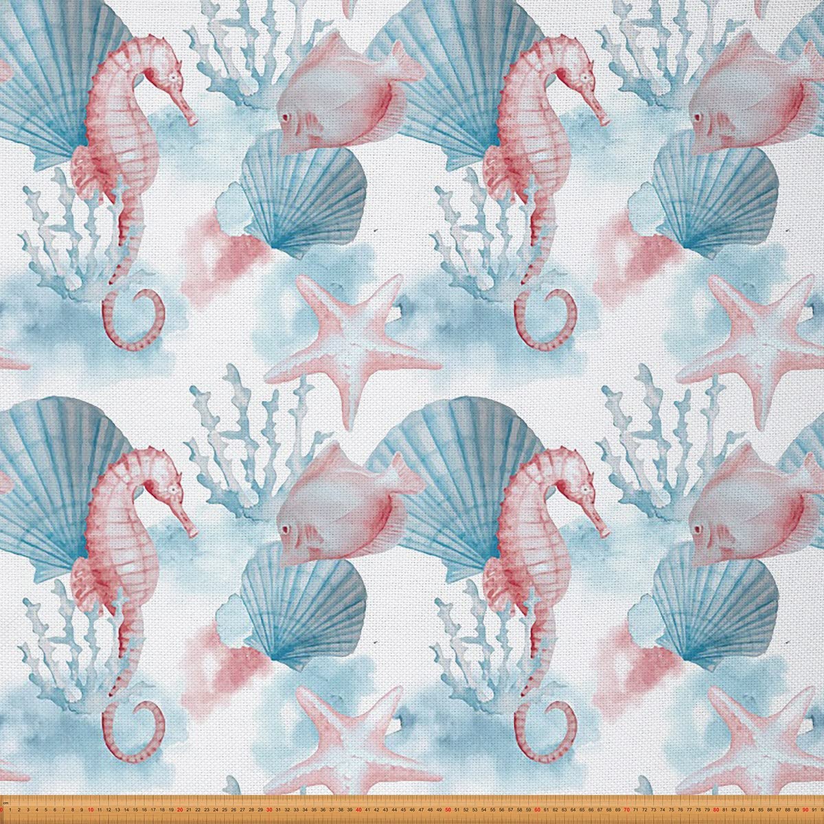 Ocean Fabric for Chairs,Marine Seahorse Starfish Shell Fabric by The Yard,Nautical Sea Life Beach Fabric for and Home DIY Projects,2 Yards,(L184*W150cm) Blue Coral