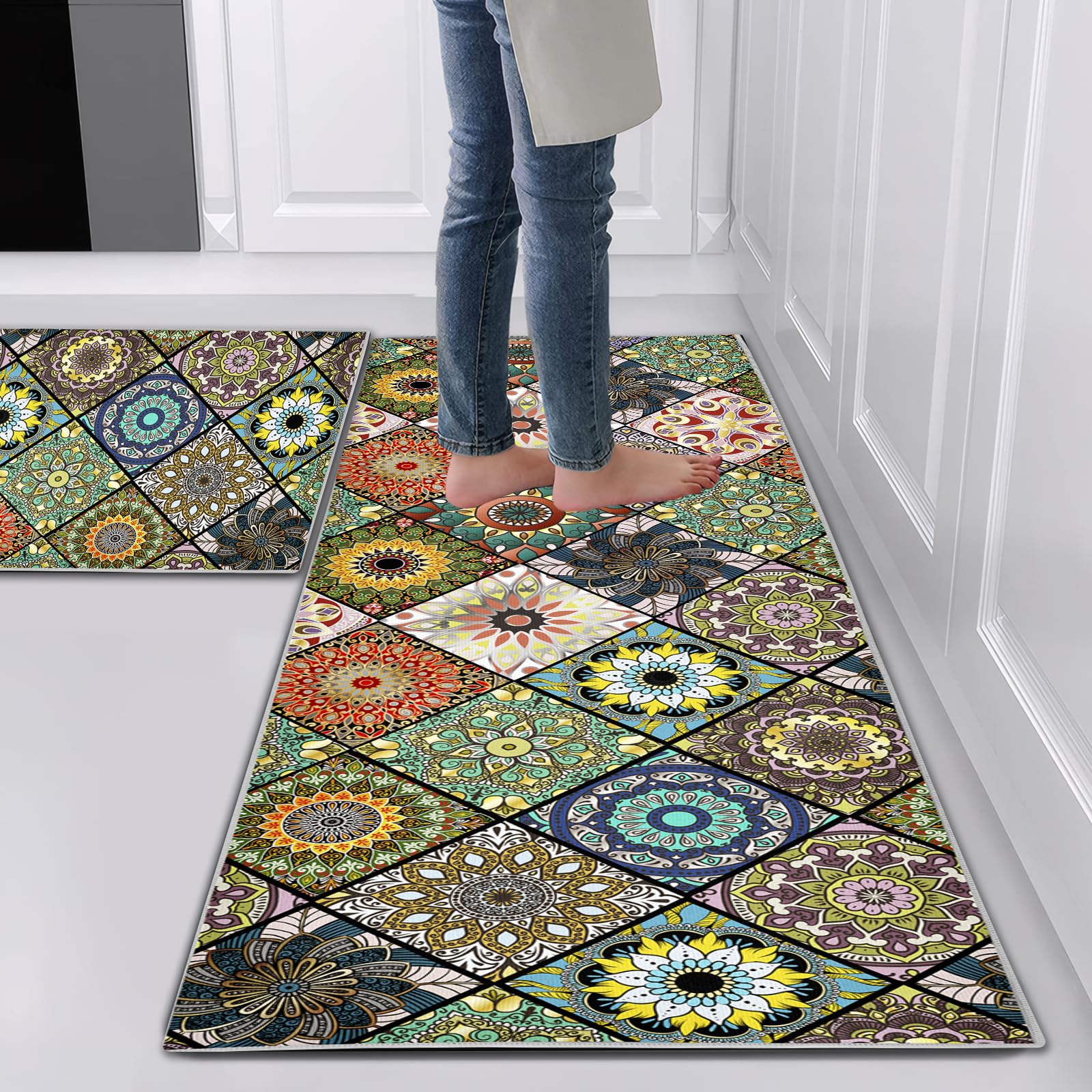 Hoimlm Kitchen Rug Set 2 Pieces Non Slip and Anti Fatigue Kitchen Mat Set, Washable Kitchen Floor Mat For Kitchen,Standing Mats for Office Home Decoration Indoor Outdoor (Bohemia A, 40x60cm+40x120cm)