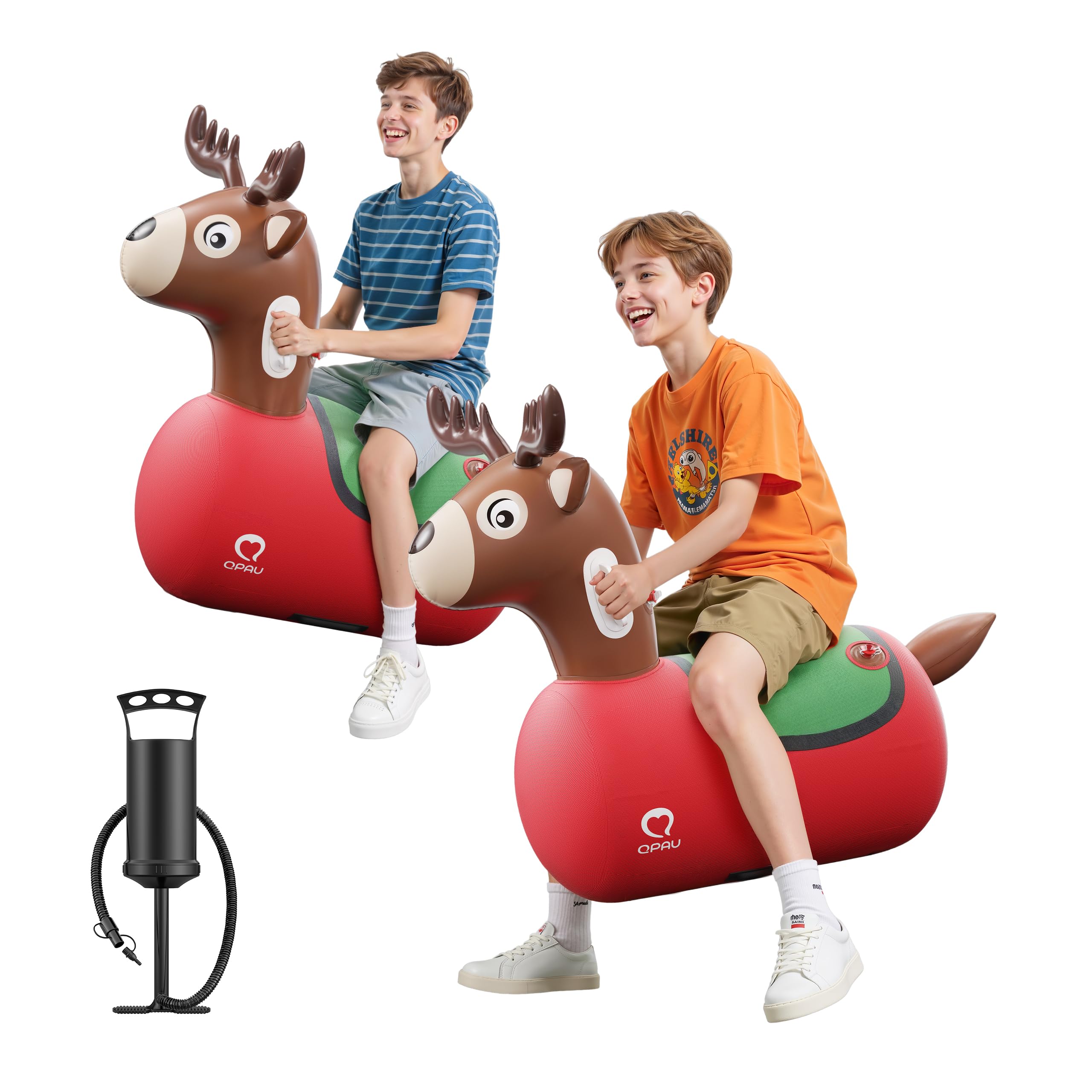 QPAU 2 Pack Large Inflatable Reindeer Hopper Bouncy Toy, 250lbs High Capacity Ride-on Animal for Kids & Adults, Soft Fabric Cover & Pump, Durable Puncture-Resistant Bouncer for Family Party Gift Image