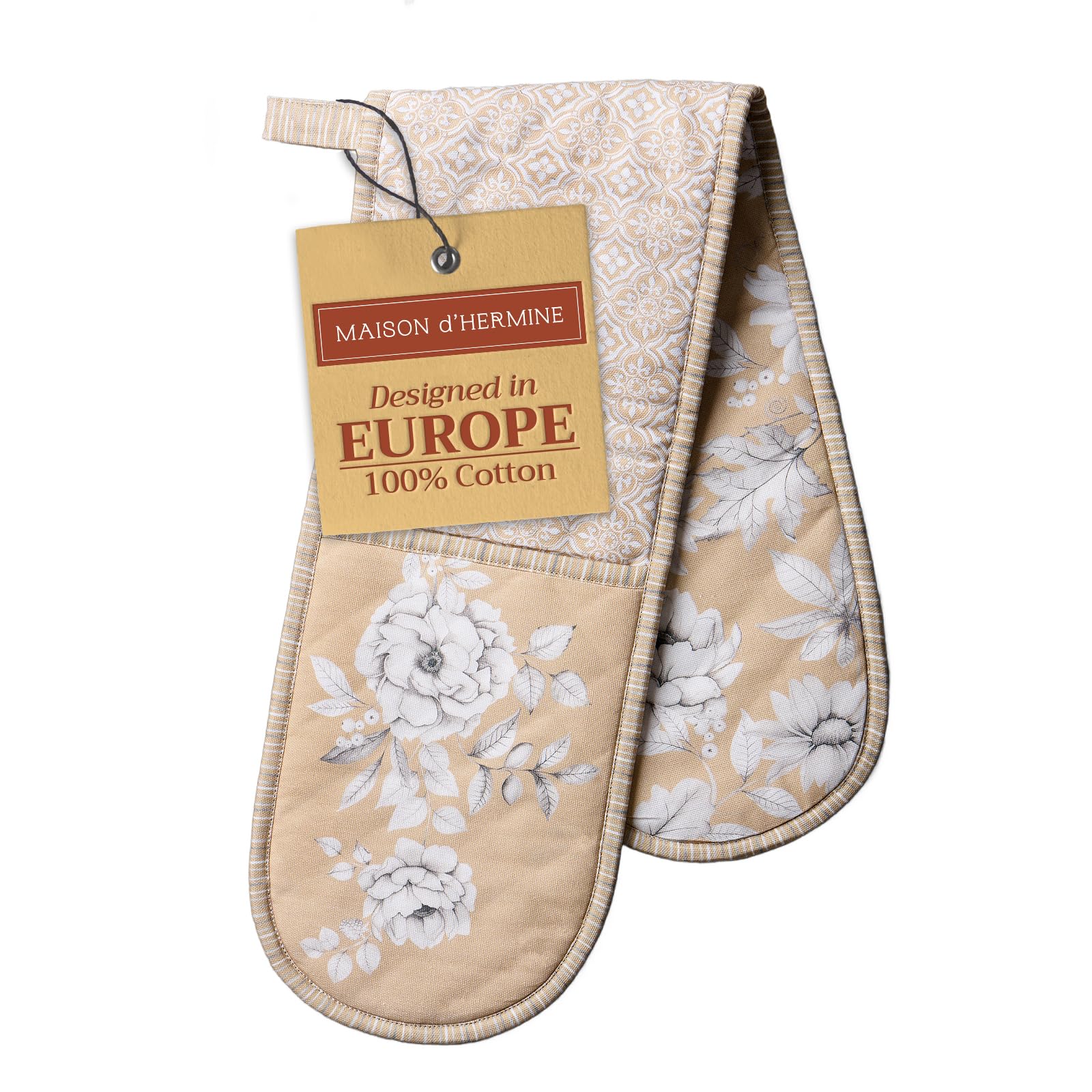 Maison d' Hermine Double Oven Mitt (18 cm x 89 cm) 100% Cotton Heat Resistant BBQ Cooking Gloves with Loop for Christmas Decorations Baking Cooking Barbeque Handling Hot Pan (Pretty Autumn)