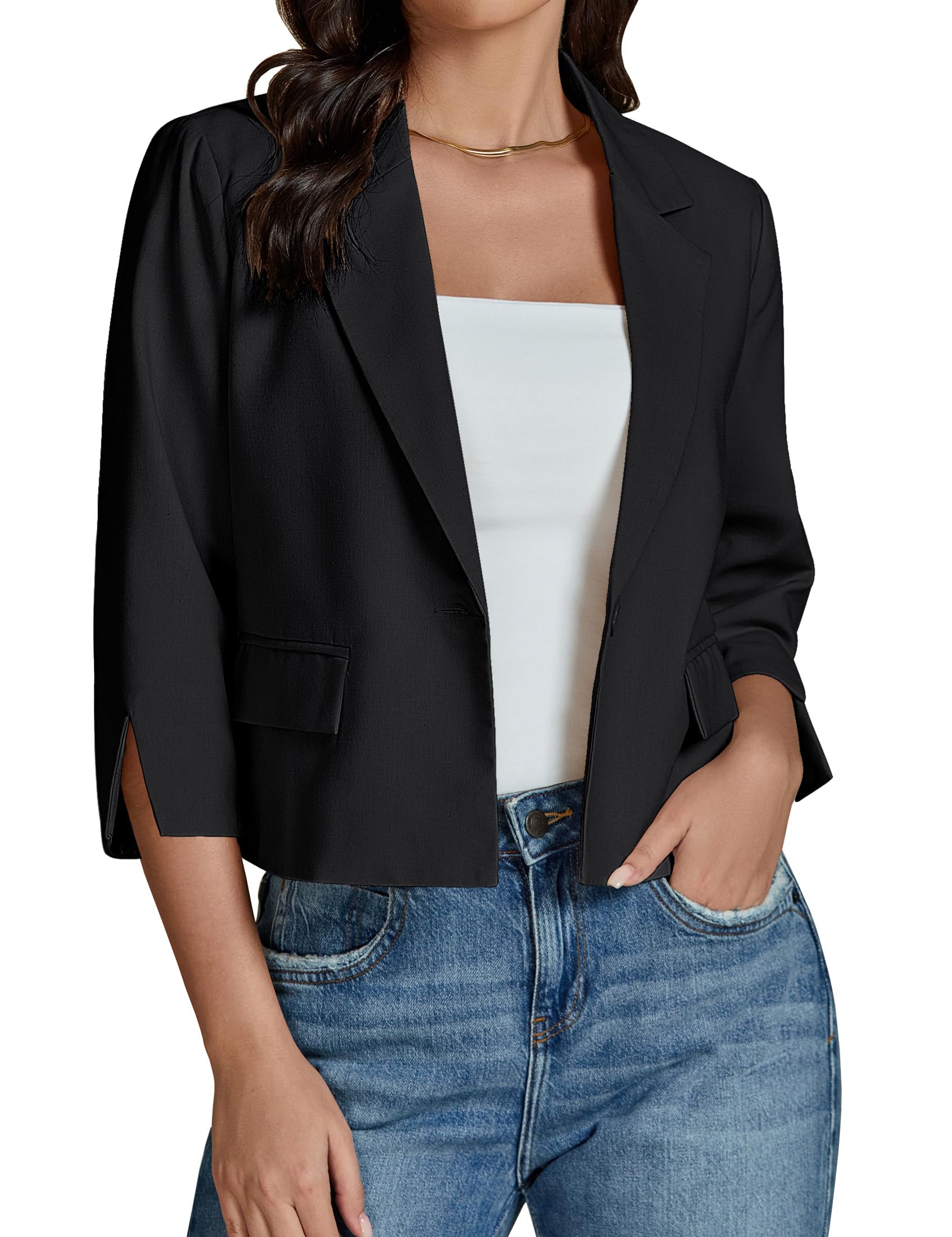 Photo 1 of *MEDIUM* luvamia Linen Blazers for Women Women Jackets and Blazers Work Outfits for Women Womens Work Blazer 3/4 Sleeve Black Jackets for Women Trendy Womens Black Blazer Black Size Medium