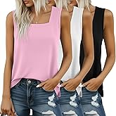 Huukeay 3 Pack Summer Women's Tank Tops Sleeveless Shirt Casual Loose Fit Square Neck Tank Top with Side Slits