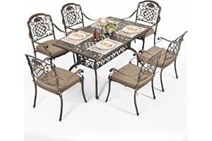 Pamapic 7-Piece Outdoor Dining Set,Cast Aluminum Patio Furniture with Vintage Table & 6 Stackable Chairs, Outdoor Furniture Set for Garden, Poolside (with 6 Cushion,Bronze)