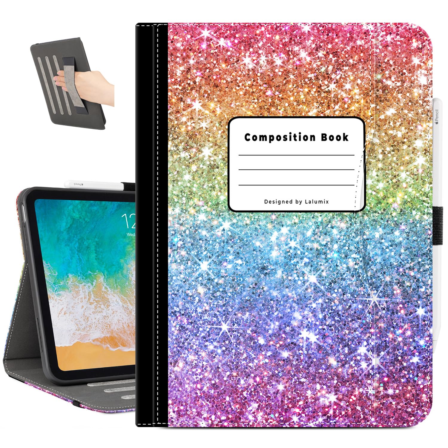 Photo 1 of Lalumix for iPad (A16) 11Th/10Th Generation Case 2025/2022, for iPad Case 11Th/10Th Generation, 10Th/11Th Gen iPadCase Cover Pencil Holder/Hand Strap/Pocket/Adjustable Stand, Rainbow Pink Notebook