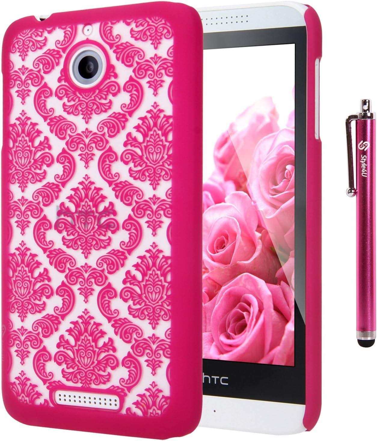 HTC 510 Case, Style4U HTC Desire 510 [Hot Pink] Flower Damask Design Slim Fit Case Cover with 1 Stylus and 1 HD Clear Screen Protector [Hot Pink]