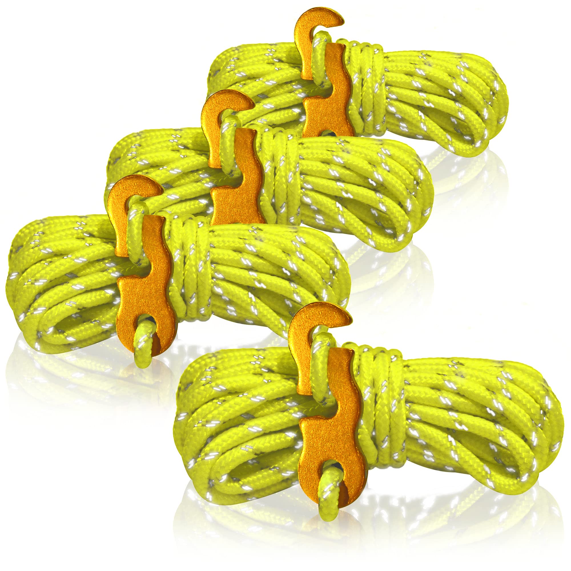 COM-FOUR® 4x guy ropes, each 4m for camping, reflective in yellow - tent cord with aluminum buckle - tension cord - camping cord - rope tensioner - tent rope - storm strap