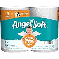 Angel Soft Toilet Paper Bath Tissue, 4 Mega Rolls = 16 Regular Rolls, 425+ 2-Ply Sheets Per Roll