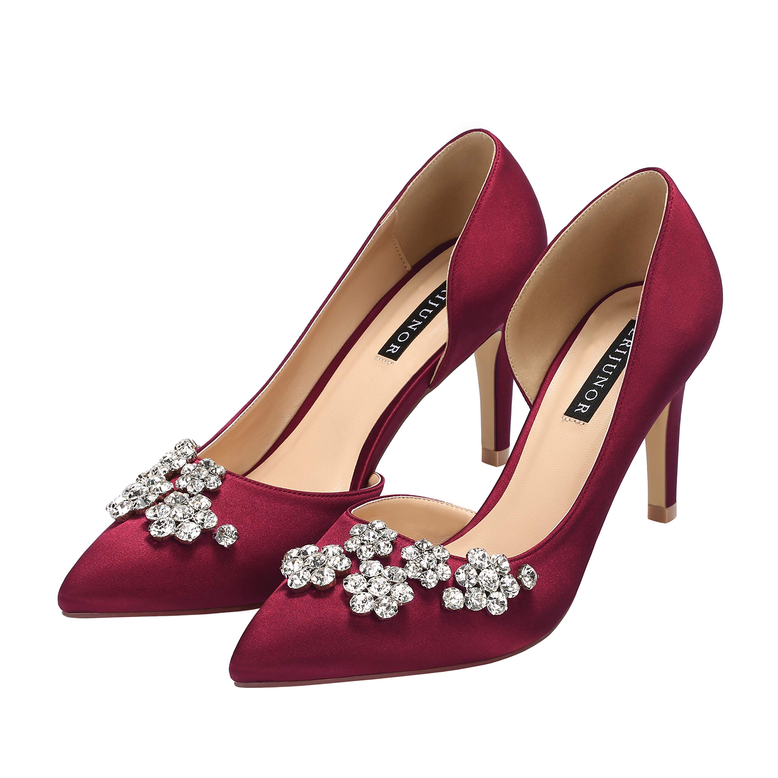 ERIJUNOR Pointy Toe Mid Heels Pumps Rhinestones Evening Party D’Orsay Satin Shoes for Women - Image 8