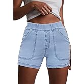 HVEPUO Womens Jean Shorts High Waisted Summer Cotton Stretchy Casual Pull On Beach Elastic Waist Denim Shorts with Pockets