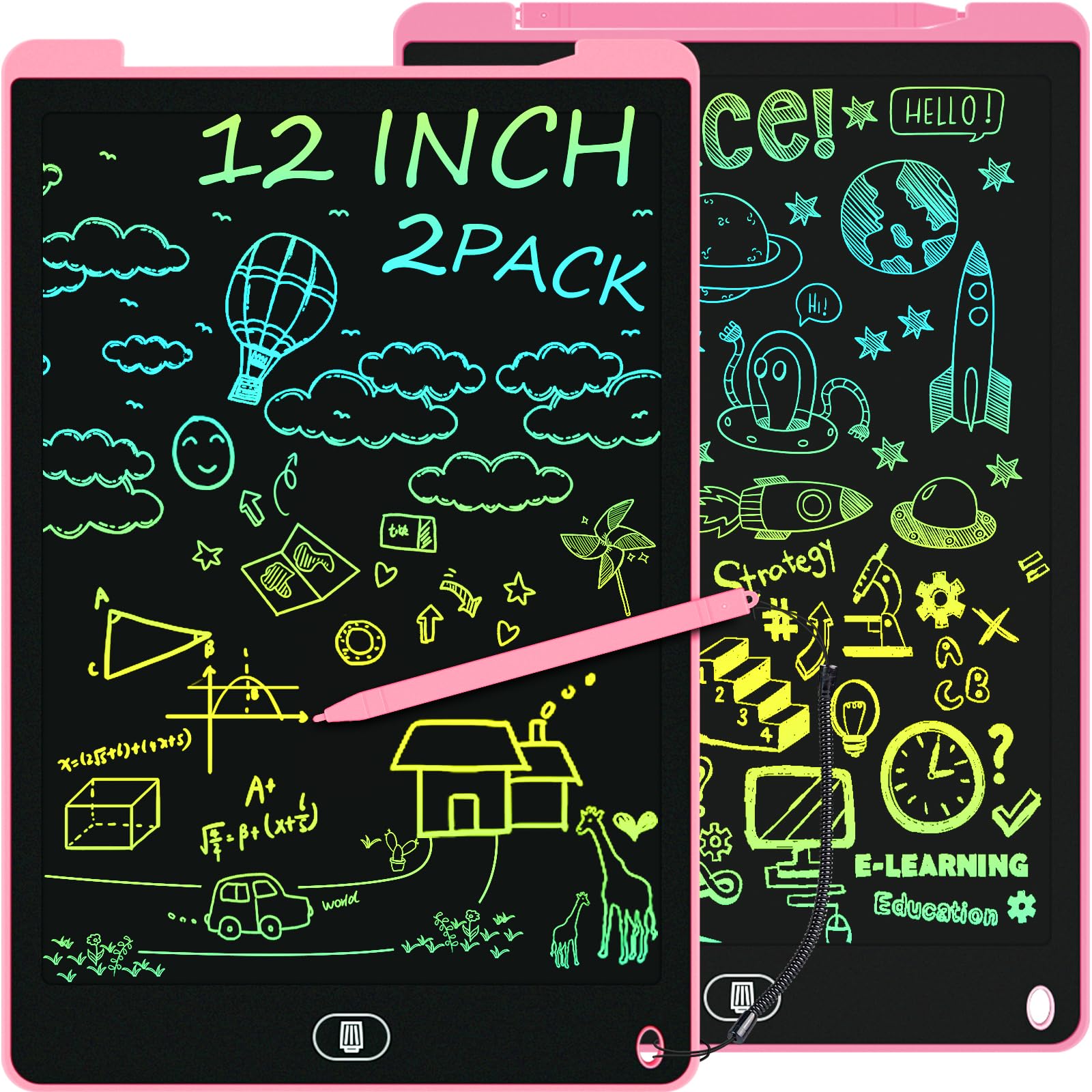 Electight LCD Writing Doodle Boards for Kids Toys 12 Inch, 2PCS Colorful Writing Board for Kids 3 4 5 6 7 8 9 Year Old, Toddler Preschool Educational Toys, Gifts for Birthday, Christmas, Pink