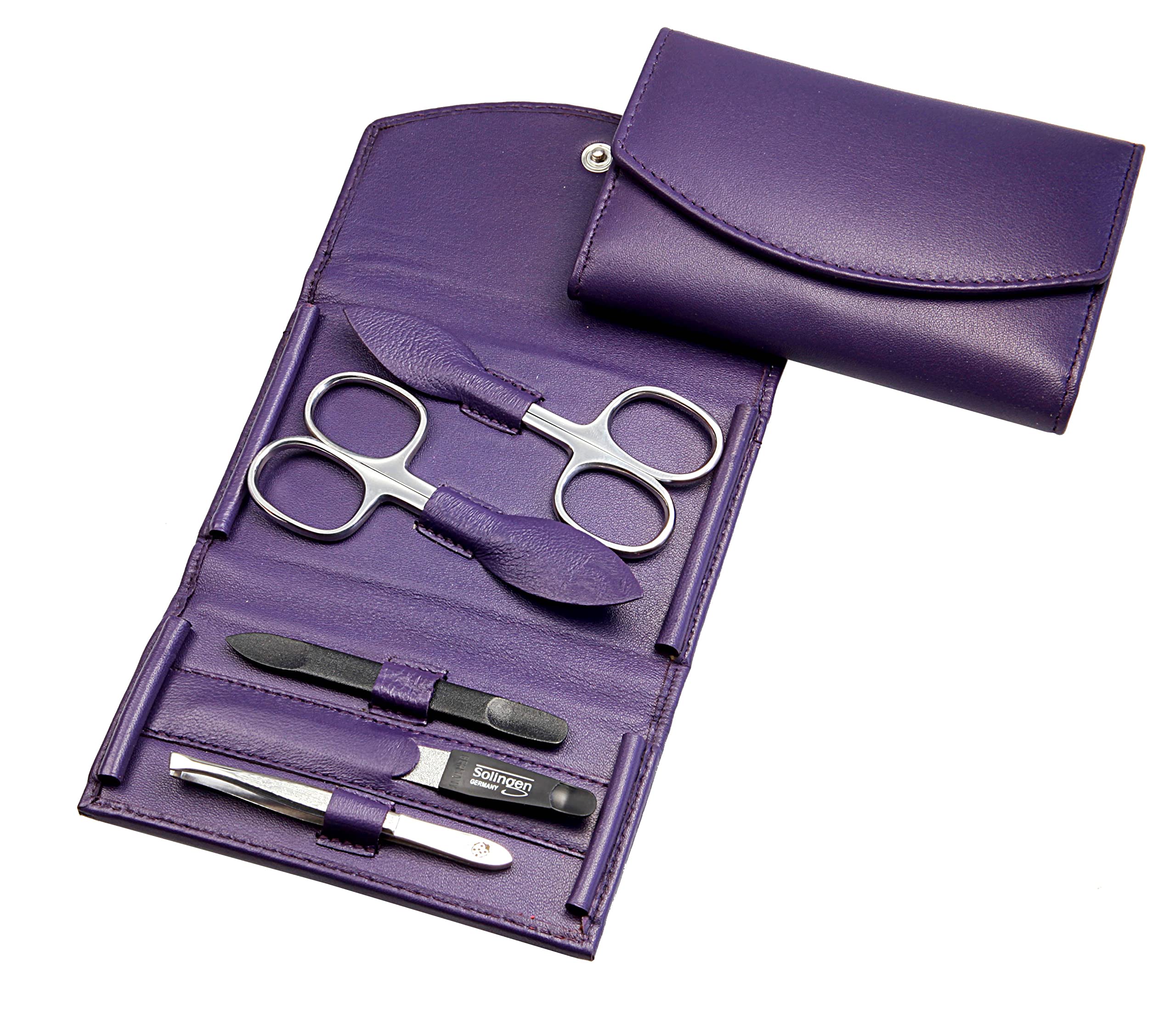 Manicure Set - 5-Piece Nail Care Set - Genuine Nappa Lambskin Leather Manicure Case - Nail Scissors, Cuticle Scissors, Nail File, Tweezers and Double Instrument (Purple)