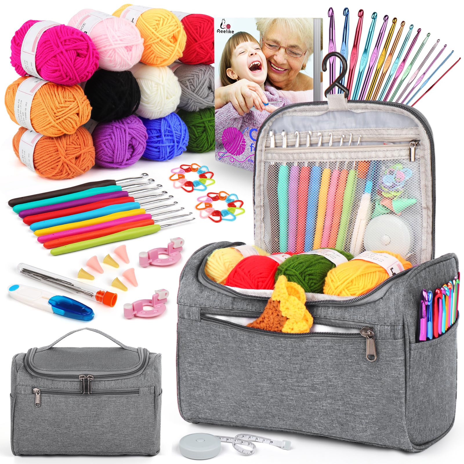 Aeelike Crochet Kit for Beginners Young and Old, First Crochet Kit for Adults Include 23pcs Crochet Hooks, 655 Yards Yarn Set for Crocheting, Instruction, Bag, Crochet Accessories and Supplies, Grey