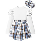MIGU Girls Clothes Skirt Set Fall Winter Ruffle long Sleeve Tops+Plaid Skirt Shorts+Hat Girls Clothing Sets 3Pcs Outfits