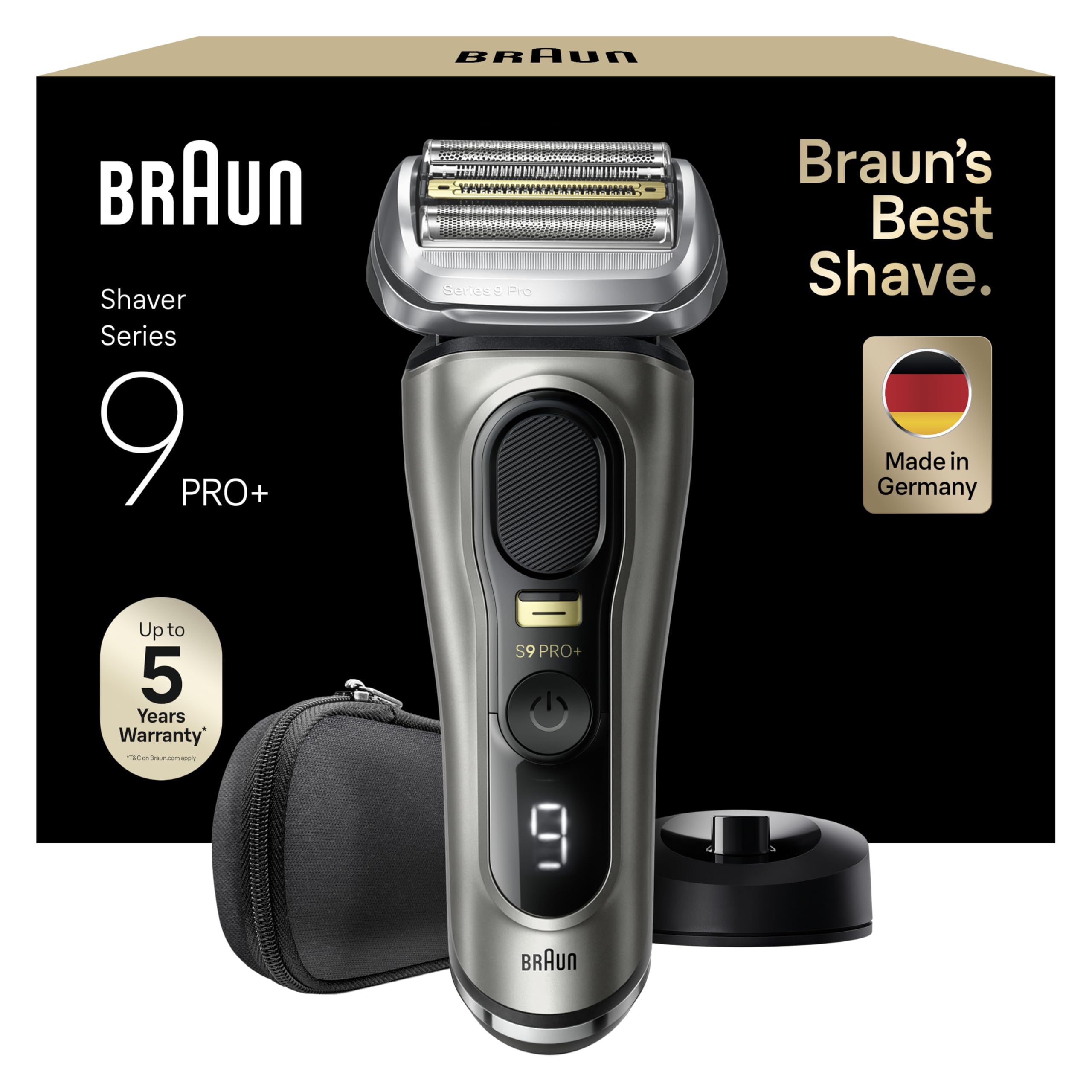 Braun Series 9 Pro+ Rasierer Herren Elektrisch, Elektrorasierer mit 5 Pro Rasierelementen, Langhaarschneider ProTrimmer, Ladestation, 60 Min Laufzeit, Wet & Dry, Made in Germany, 9515s, Edelmetall