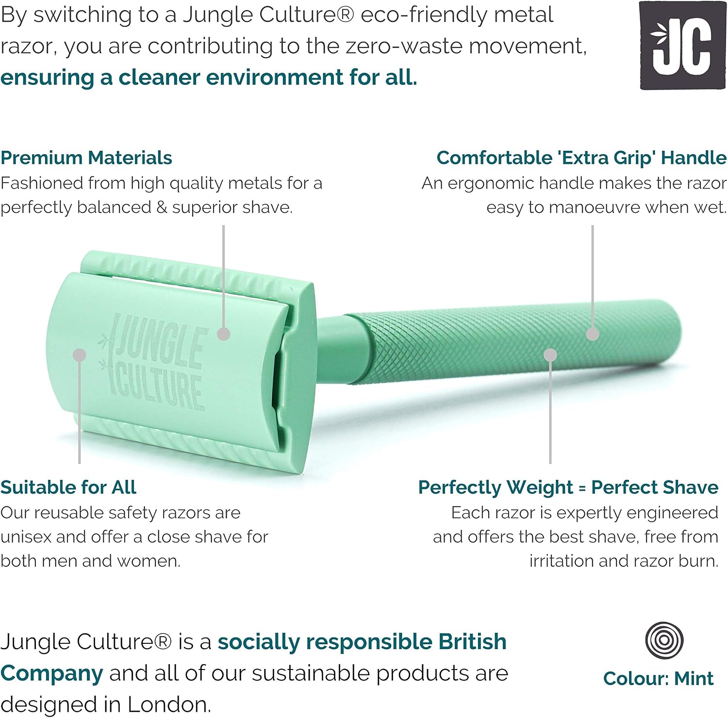 JUNGLE CULTURE® Green Safety Razor for Women • Luxurious Eco Friendly Reusable Metal Razors for all Skin Types • Double Edge Blades Not Included • Body & Face Single Blade Shaver & Shaving Guide - Image 3