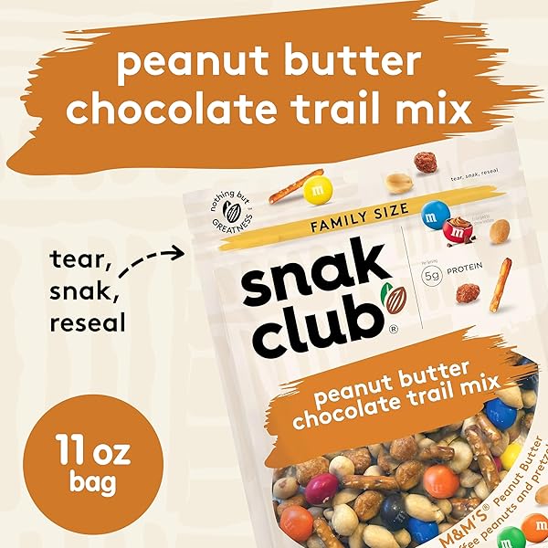 SNAK CLUB PEANUT BUTTER CHOCOLATE TRAIL MIX WITH PEANUTS, PEANUT BUTTER M&M’S, TOFFEE PEANUTS, AND PRETZELS, 11 OZ RESEALABLE BAG