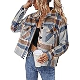 Binshre Womens Cropped Plaid Shacket Flannel Long Sleeve Button Down Jackets Coat for Women