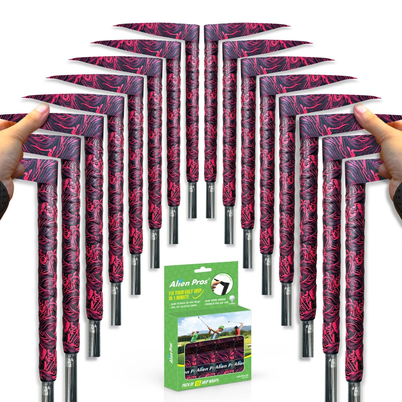 Alien Pros Golf Grip Wrapping Tapes (16-Pack) - Innovative Golf Club Grip Solution - Enjoy a Fresh New Grip Feel in Less Than 1 Minute (16-Pack, Fire)