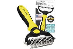 Maxpower Planet Pet Grooming Brush - Double Sided Shedding, Dematting Undercoat Rake for Dogs and Cats - Extra Wide Dog Grooming Brush - Yellow