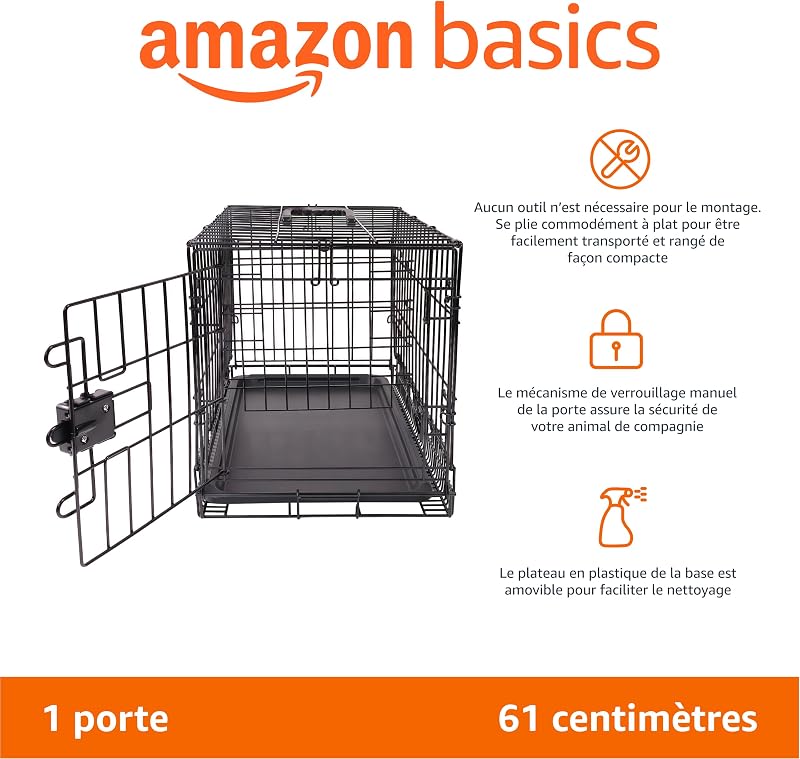 Cage pour chien, Pliable en fil métallique avec plateau, Porte simple, L 61 x l 46 x H 51 cm, Noir