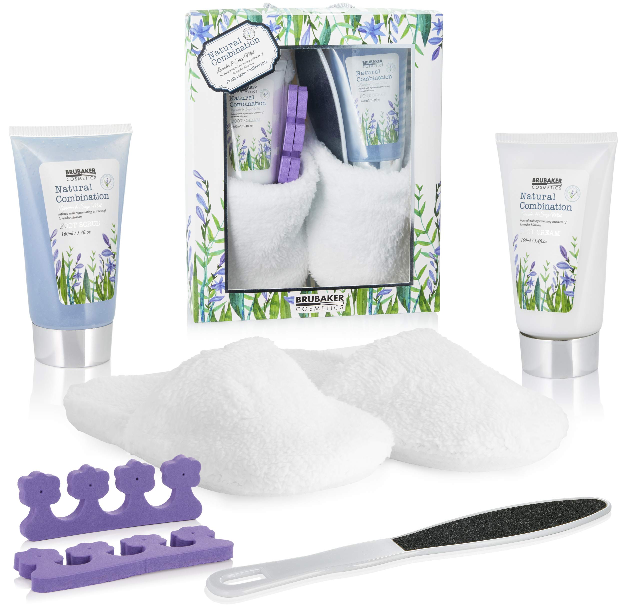 BRUBAKER Cosmetics Bath and Foot Care Set - Incl. 1 Pair of White Teddy Plush Slippers - Lavender & Sage Mint Extracts - Beauty Gift Set Women