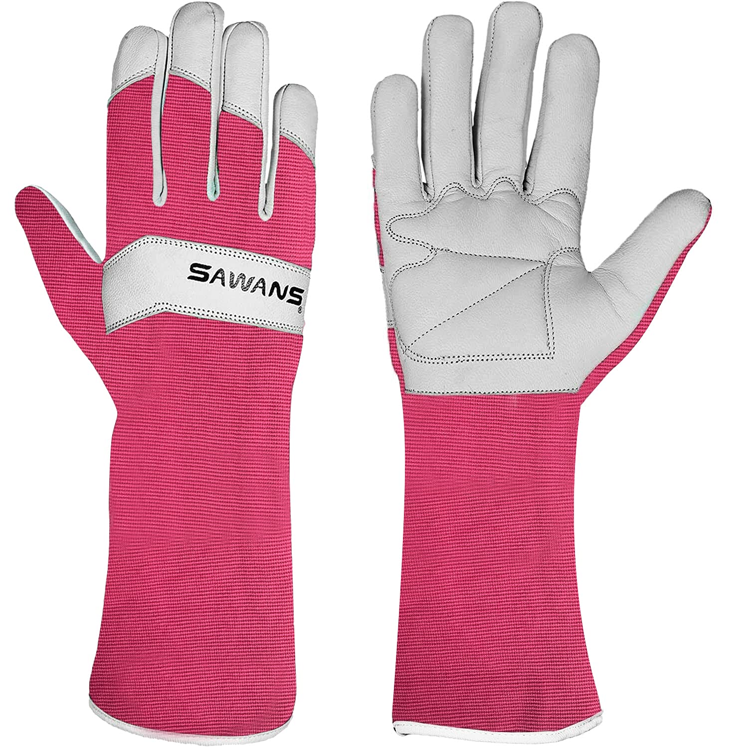 SAWANS Long Gardening Gloves Leather Ladies Men Women Durable Goatskin Garden Gloves Forearm Protection Thorn Proof Gardener Work Spandex Sleeves Rose Pruning Gift (Pink, S)