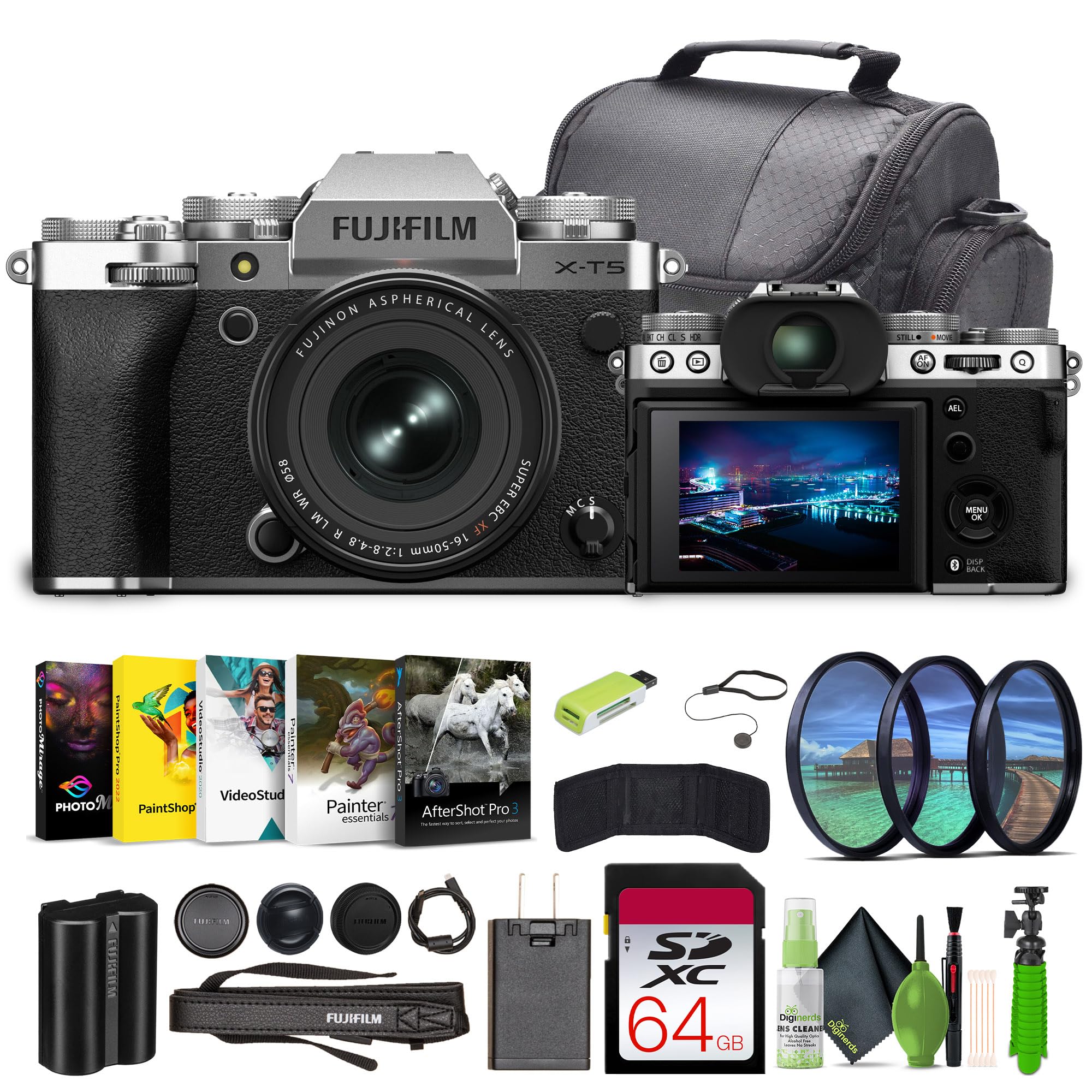 Fujifilm X-T5 Professional Compact Digital Mirrorless Camera with XF 16-50mm f/2.8-4.8 Lens Kit Bundle with 64GB Memory Card + Vlogging Tripod + Travel Bag + More (Silver)