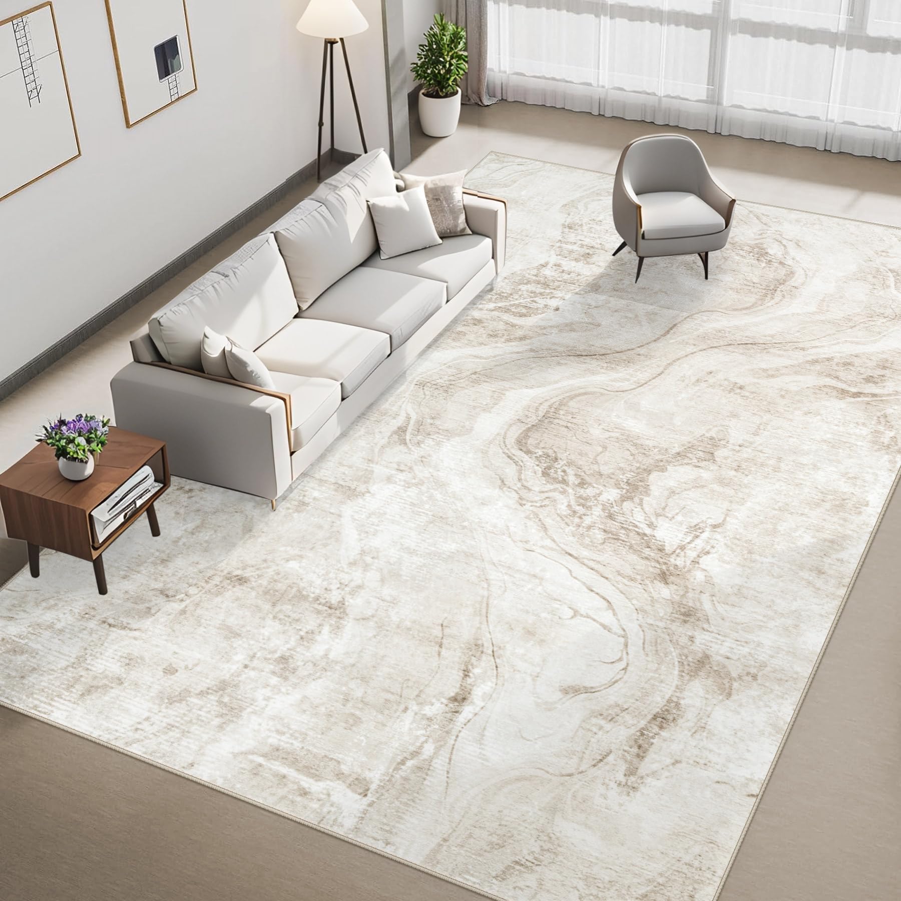 Photo 1 of 8x10 Area Rugs Living Room: Washable Neutral Abstract Rug Large Modern Marble Indoor Soft Non-Slip Carpets for Bedroom Nursery Office Dining Room (Beige,8'x10')