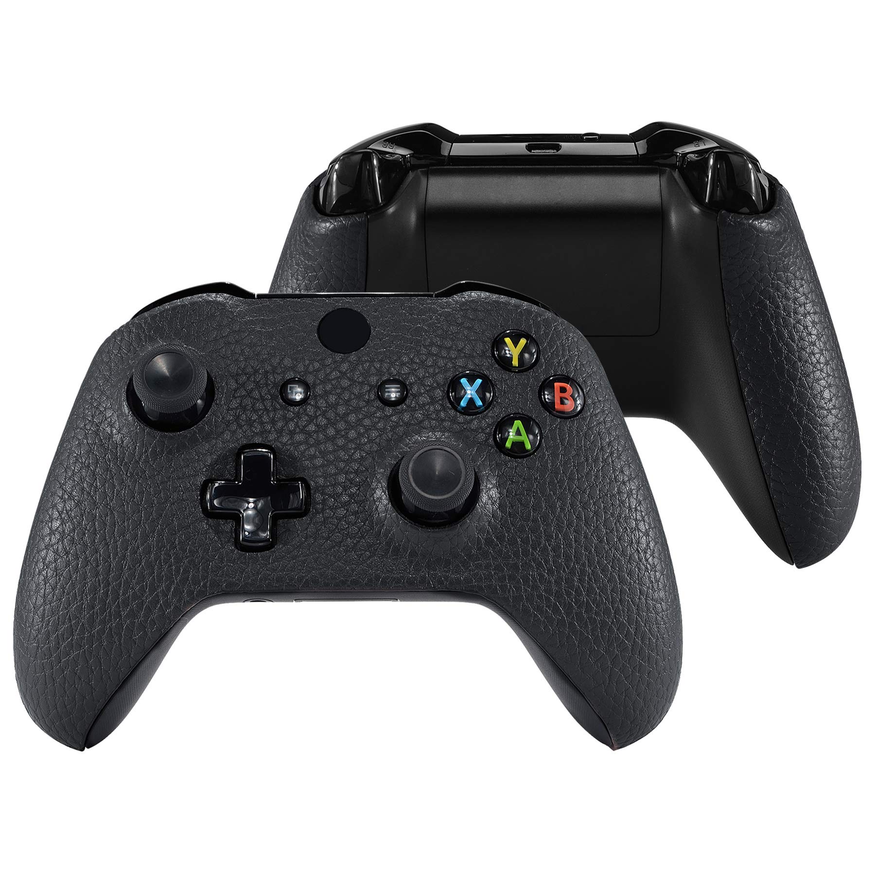 eXtremeRate Black Premium Textured PU Leather Top Shell Front Housing Faceplate Replacement Parts with Side Rails Panel for Xbox One X & One S Controller (Model 1708)