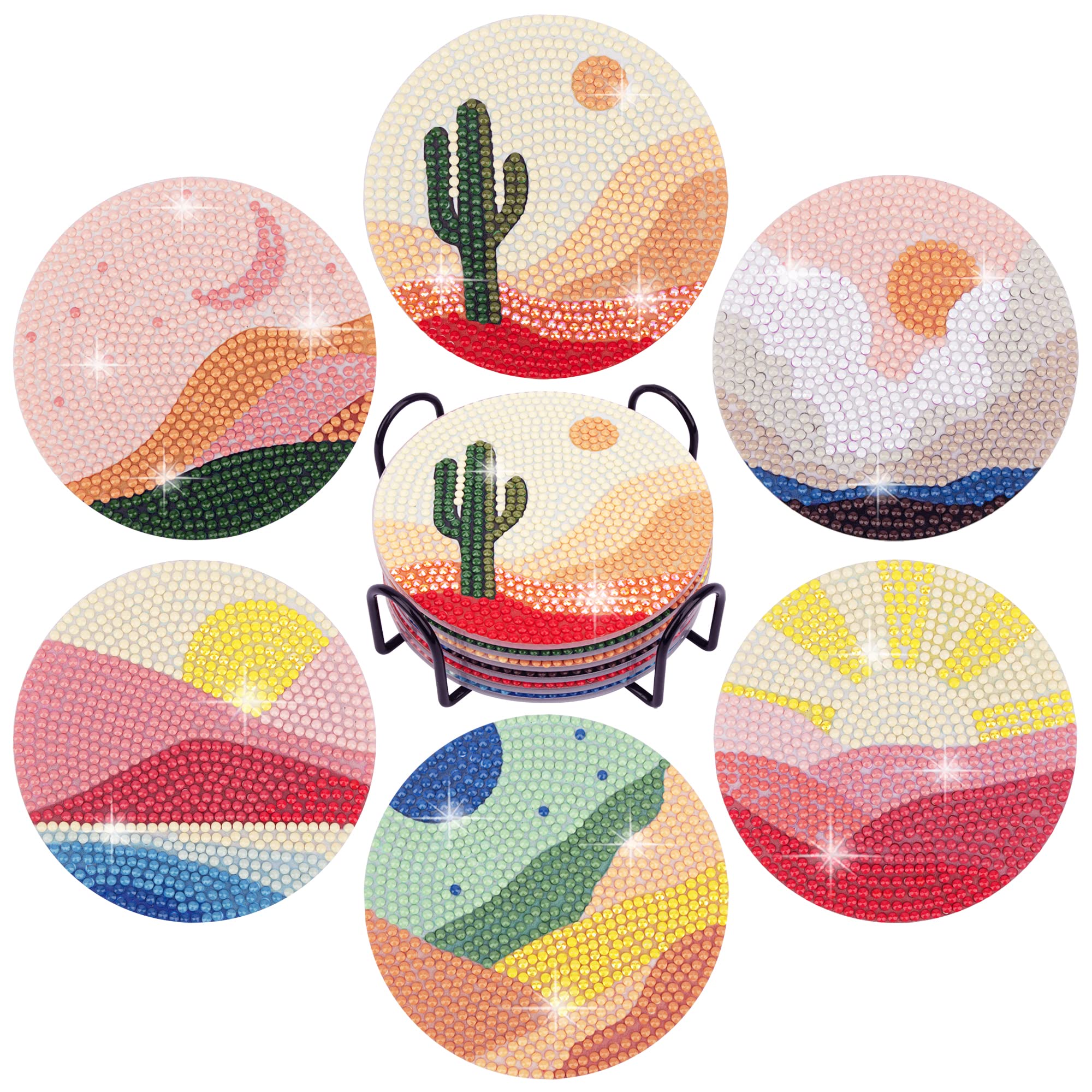 Temlum 6 Pcs Diamond Painting Coasters Kit with Holder, Abstract Landscape Diamond Art Coaster Kits for Beginners, Adults Art Craft Supplies