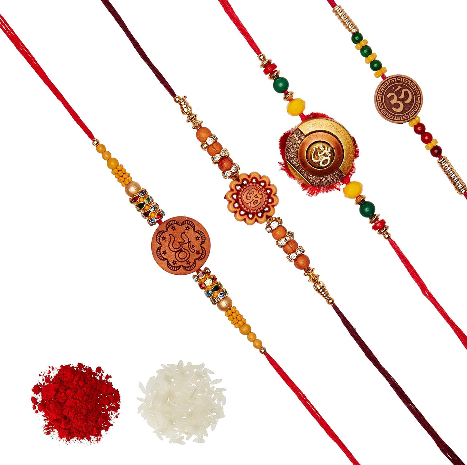 aheli pack of 4 rakhi for men with roli chawal tilak - wooden om ad ring (r4p07)