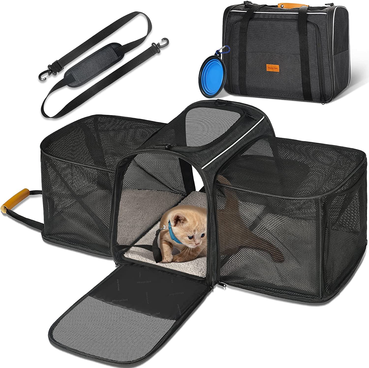 Morpilot Soft Sided Pet Carrier Bag for Small Dogs, Puppies, Medium and Large Cats, Expandable, Airline Approved, with Breathable Mesh and Locking Safety Leash, Grey