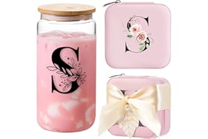 AYGXU Initial glass cups with lids and straws,personalized gifts for women,iced coffee cups,travel jewelry case organizer,small jewelry travel case,jewelry box for girls.Initial S pink
