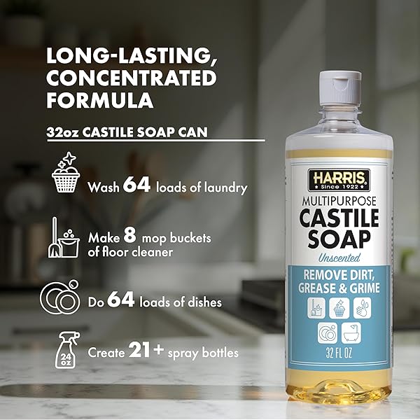 HARRIS MULTI-PURPOSE PURE LIQUID CASTILE SOAP FOR HOME CLEANING, MULTI-PURPOSE CLEANER, FOR DISH SOAP, LAUNDRY DETERGENT, KITCHEN AND BATHROOM SURFACES, KIDS ROOMS, UNSCENTED, 32 OZ